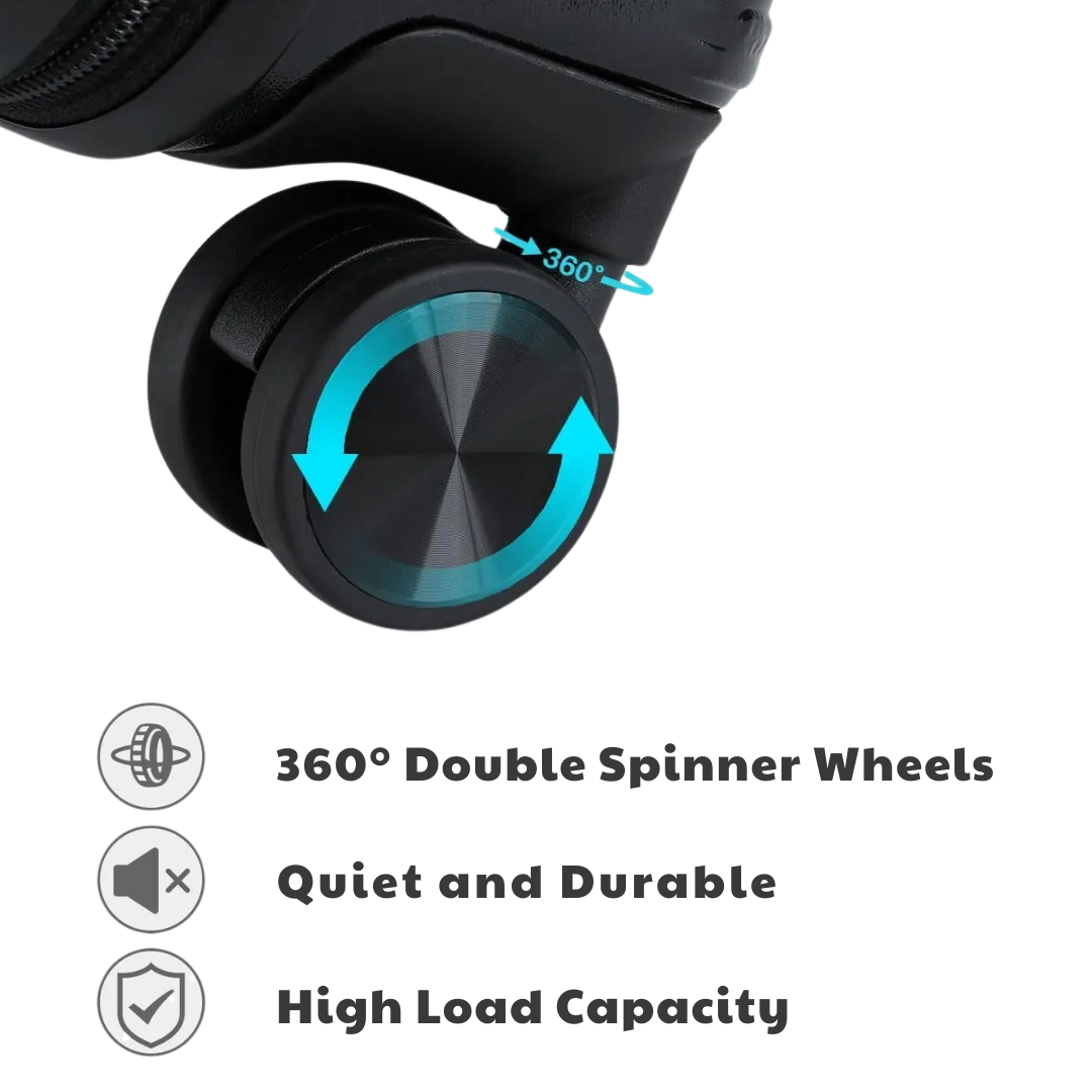 Close-up of a 360° double spinner wheel on a suitcase, providing smooth, quiet rolling and high load capacity.