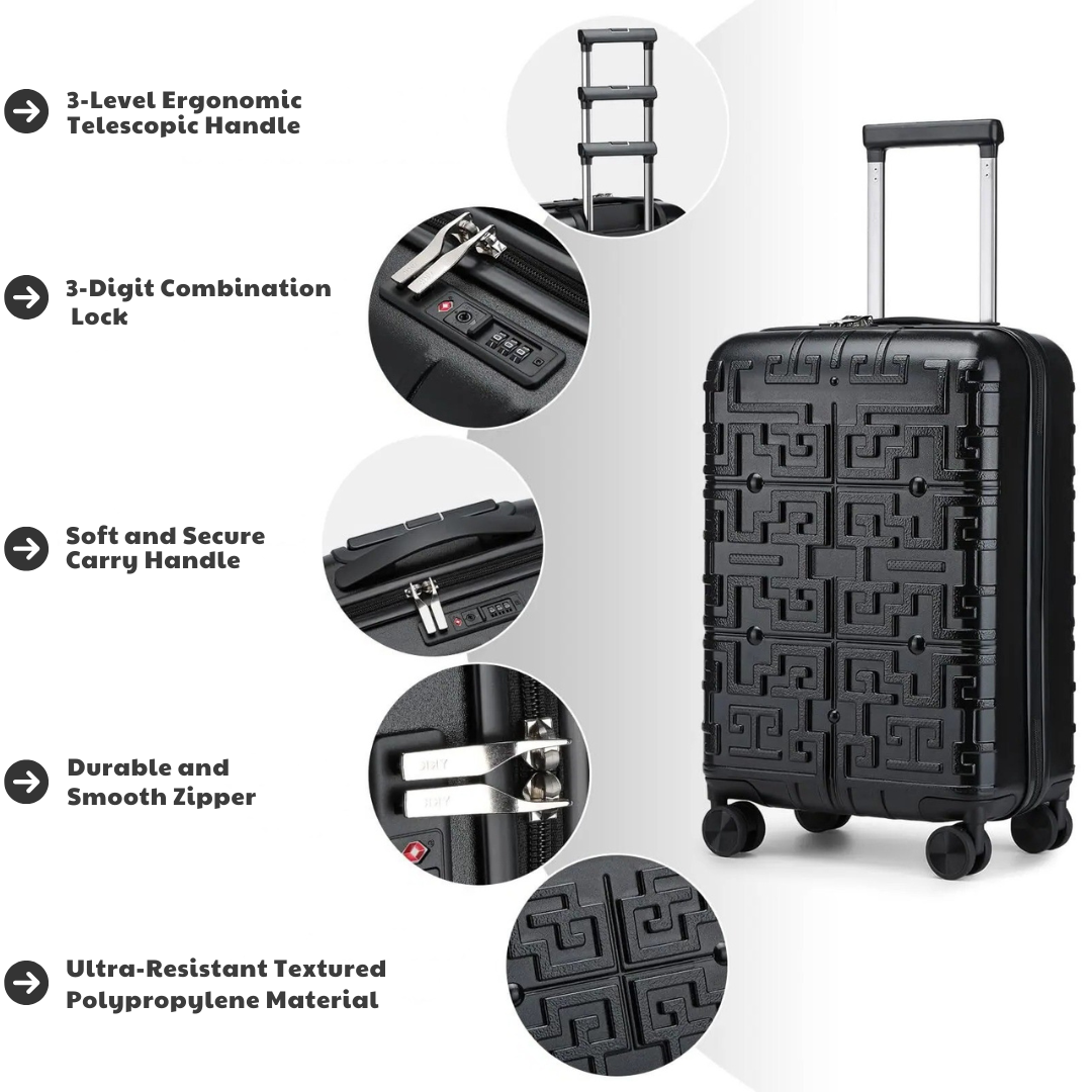 Black hard-shell suitcase with the following features: 3-level ergonomic telescopic handle, 3-digit combination lock, secure carry handle, durable zipper, and ultra-resistant textured polypropylene material.