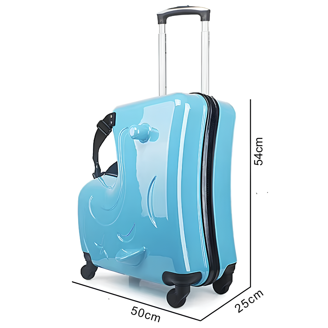 Blue animal-shaped kids' suitcase with dimensions 54 cm (height) × 50 cm (width) × 25 cm (depth), featuring a safety strap, telescopic handle, and spinner wheels.