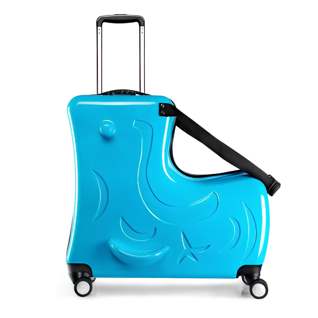 Blue animal-shaped kids' suitcase with a safety strap, telescopic handle, and wheels for convenient and fun transport.