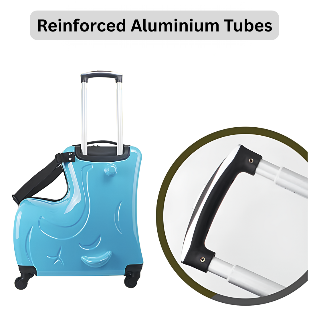 Close-up of the aluminium telescopic handle on a blue animal-shaped kids' suitcase, offering both lightness and durability for easy transport.