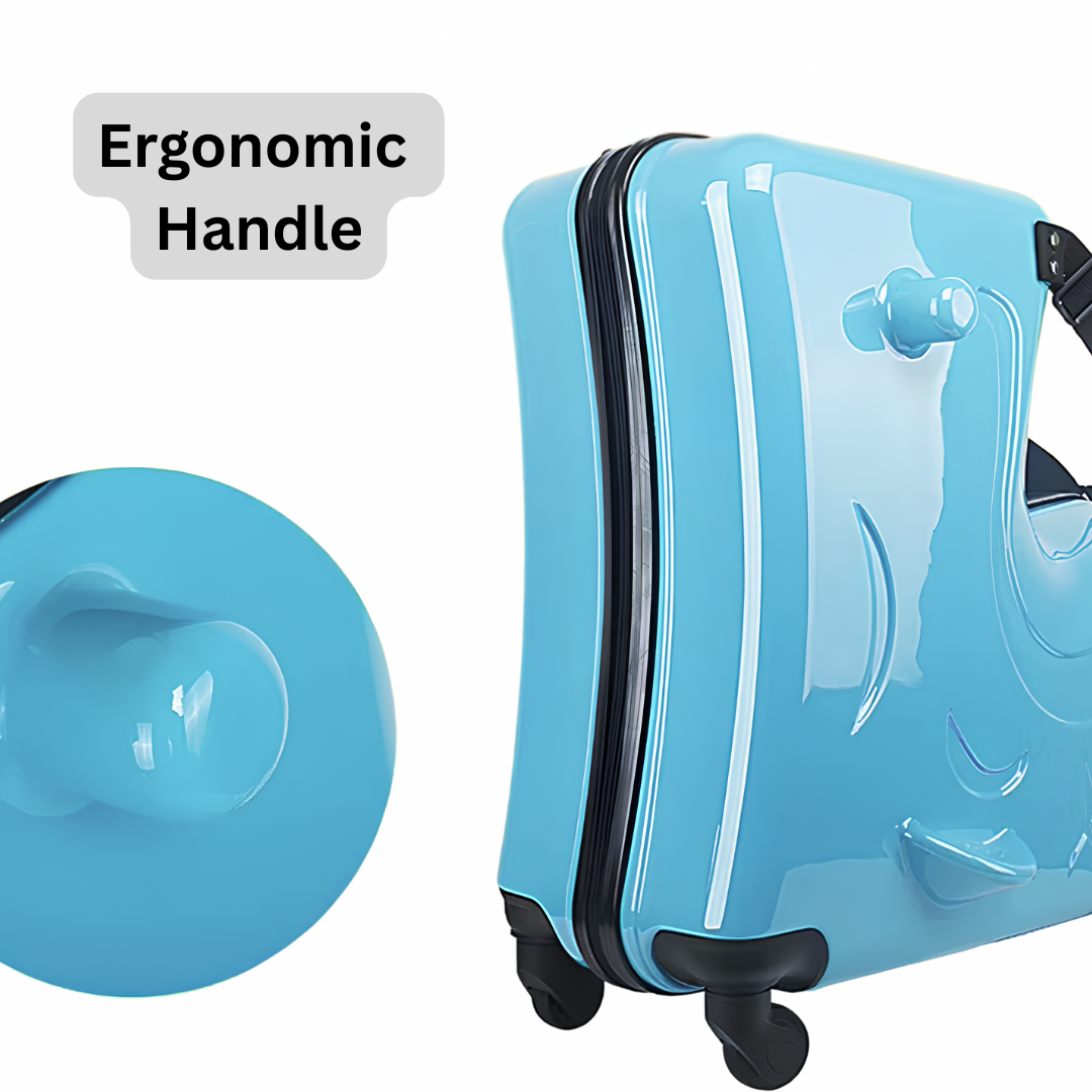 Close-up of the ergonomic handle on a blue animal-shaped kids' suitcase, designed for a comfortable and easy grip.