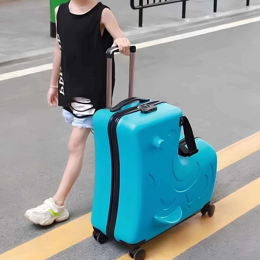Child pulling a blue animal-shaped suitcase with a telescopic handle, demonstrating its ease of use and comfort for young travellers.