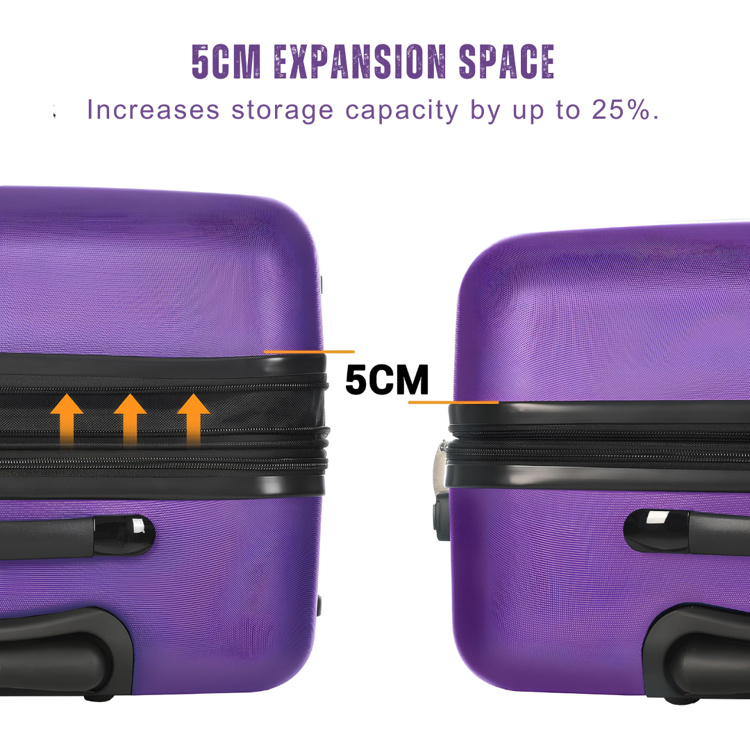 Illustration of the expandable feature of a purple hard-shell suitcase, increasing storage capacity by up to 25% with a 5 cm extension.