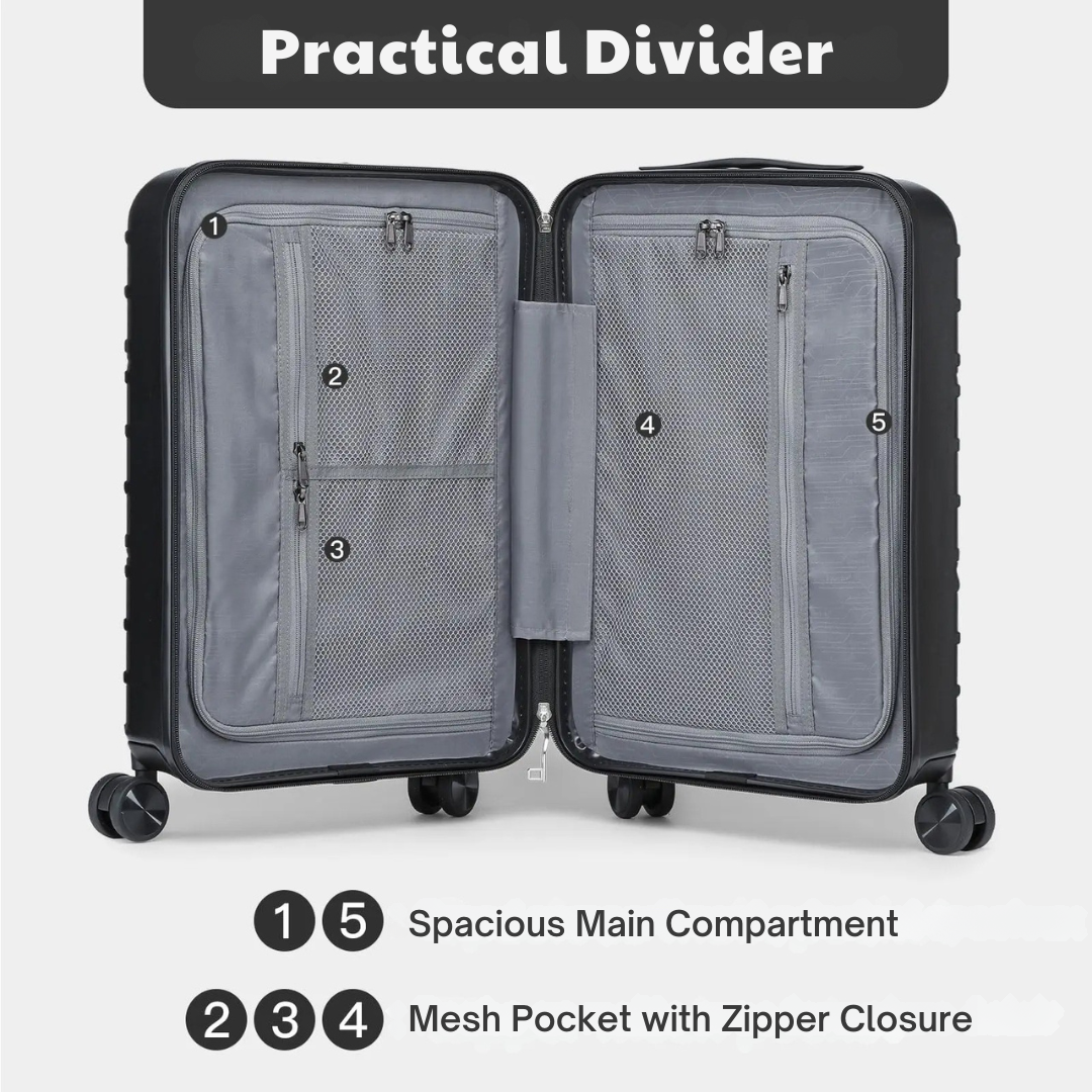 Interior view of a suitcase with a practical divider, spacious main compartment, and zipped mesh pockets for optimised organisation.