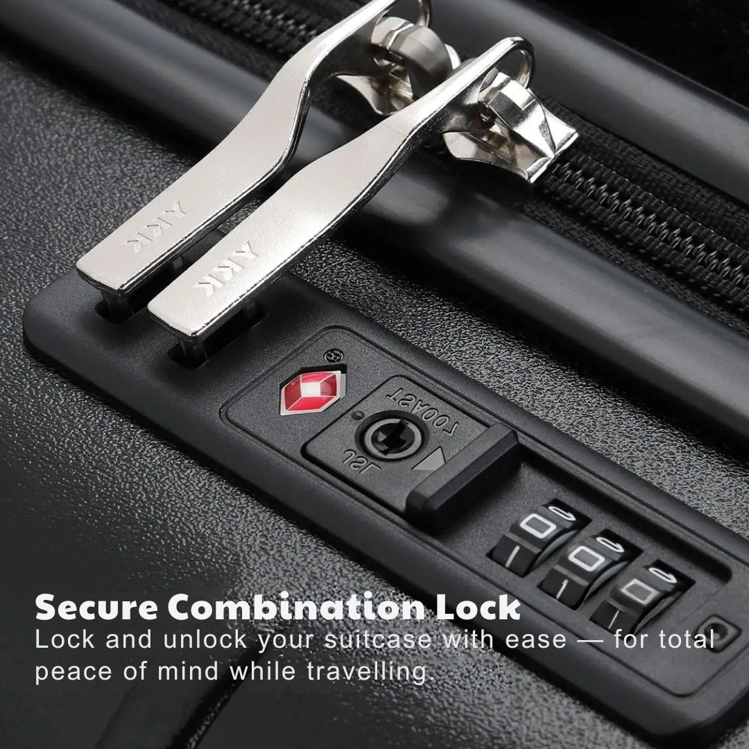 Close-up of a secure TSA combination lock, allowing easy locking and unlocking of the suitcase for peace of mind while travelling.