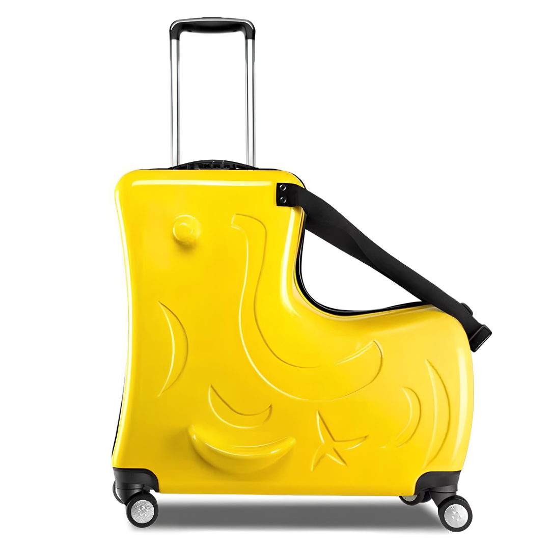 Yellow animal-shaped kids' suitcase with a safety strap, telescopic handle, and wheels for practical and playful transport.