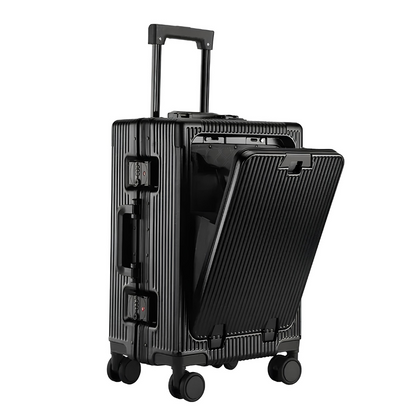 Black aluminium hard-shell suitcase featuring quick-access front opening, secure locks, and a modern design.