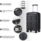 Black hard-shell suitcase with the following features: 3-level ergonomic telescopic handle, 3-digit combination lock, secure carry handle, durable zipper, and ultra-resistant textured polypropylene material.