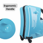 Close-up of the ergonomic handle on a blue animal-shaped kids' suitcase, designed for a comfortable and easy grip.