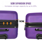 Illustration of the expandable feature of a purple hard-shell suitcase, increasing storage capacity by up to 25% with a 5 cm extension.