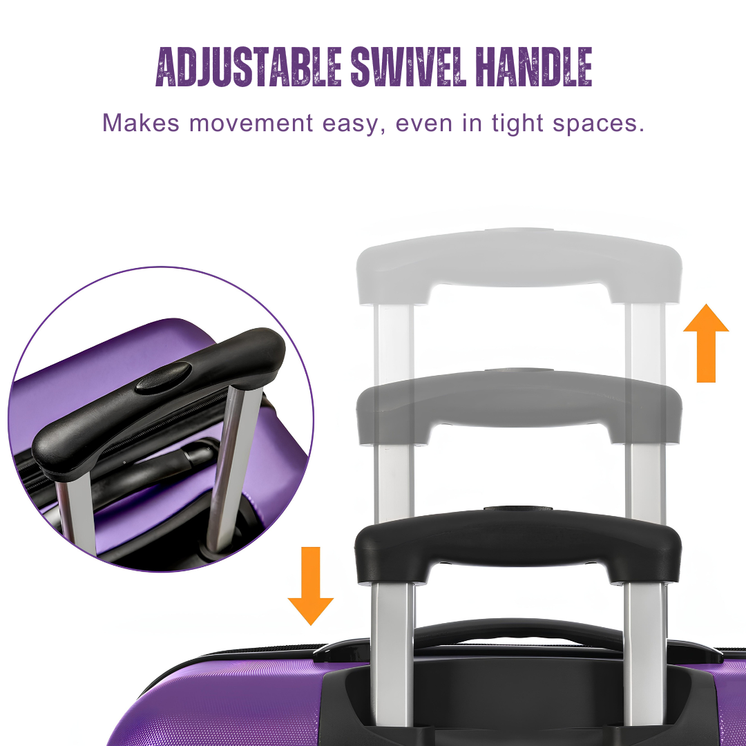 Close-up of the adjustable swivel telescopic handle on a purple suitcase, making movement easy even in tight spaces.